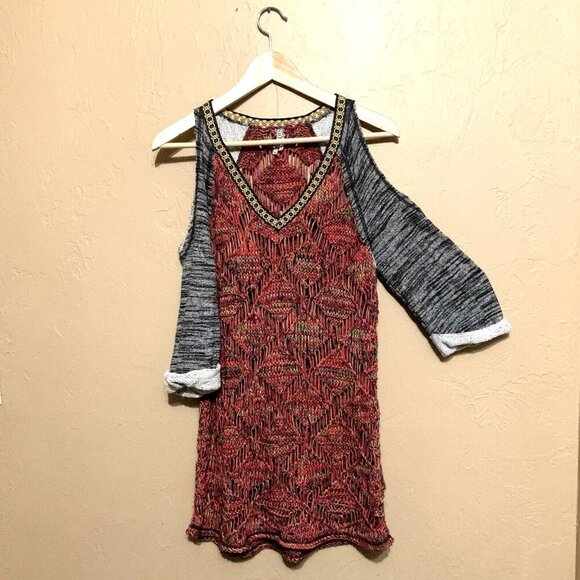 BKE Cold Shoulder Sweater Open Weave Tunic Top Buckle Multicolor Sz M Boho Hippy - Picture 3 of 8